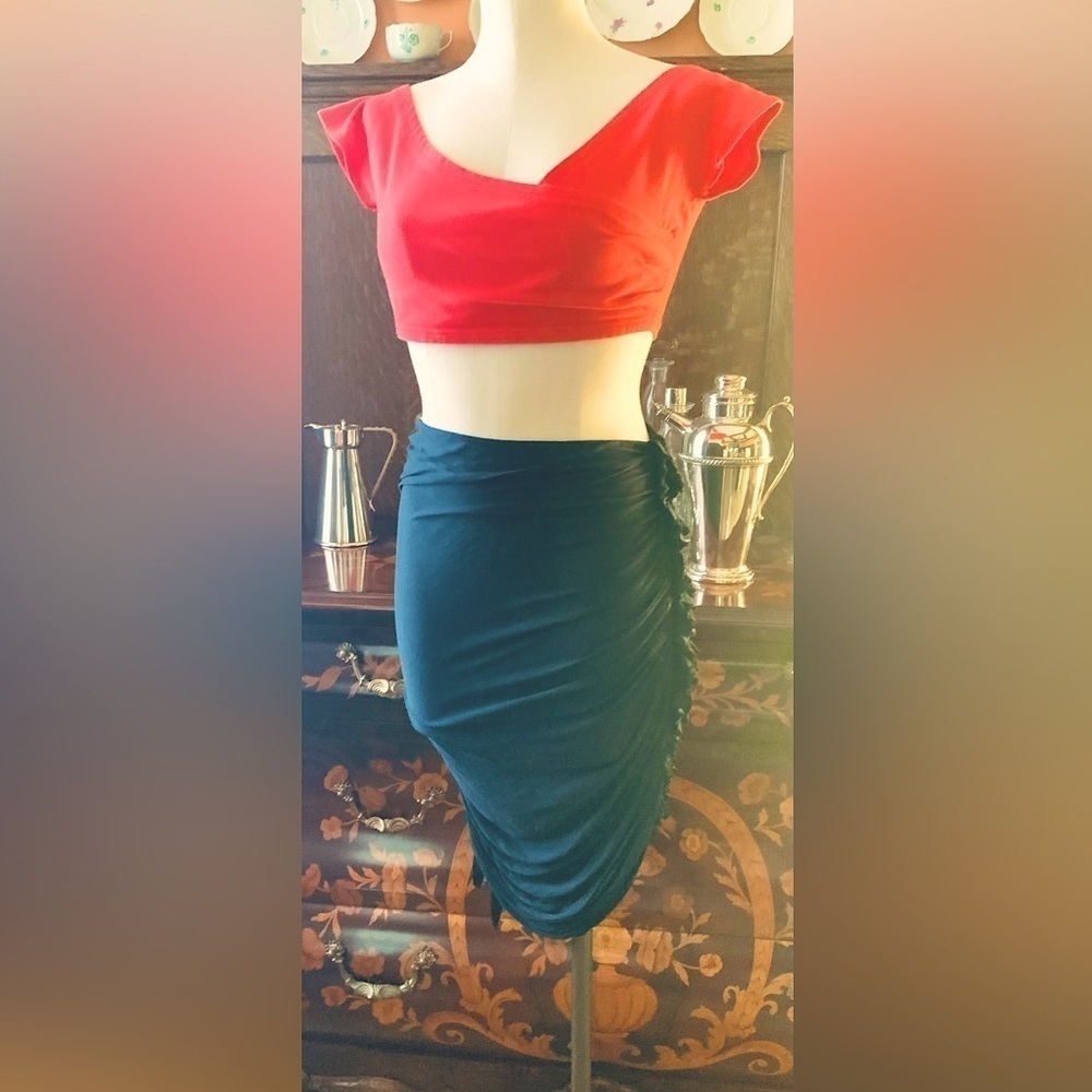 LANVIN Stretchy Ruched & Ruffled Navy Blue Silk & Fine Wool Skirt